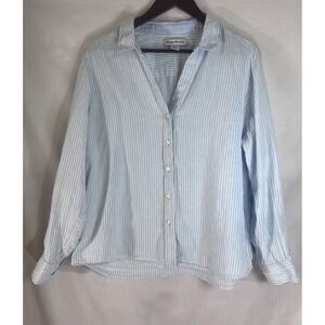 Tommy Bahama Shirt Long Sleeve Blue White Striped Button Up Linen Women's Large